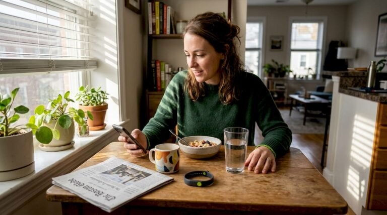 Woman uses habit tracker at breakfast table