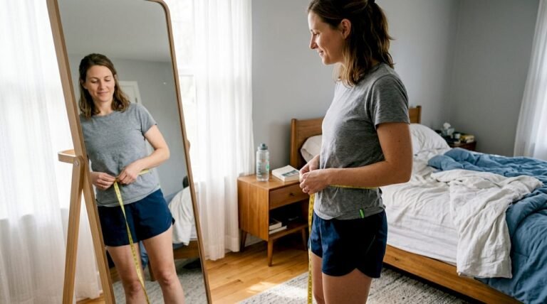 Woman measuring waist in natural bedroom setting
