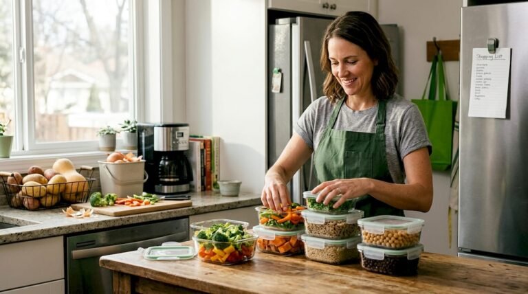 Woman meal planning in a home kitchen