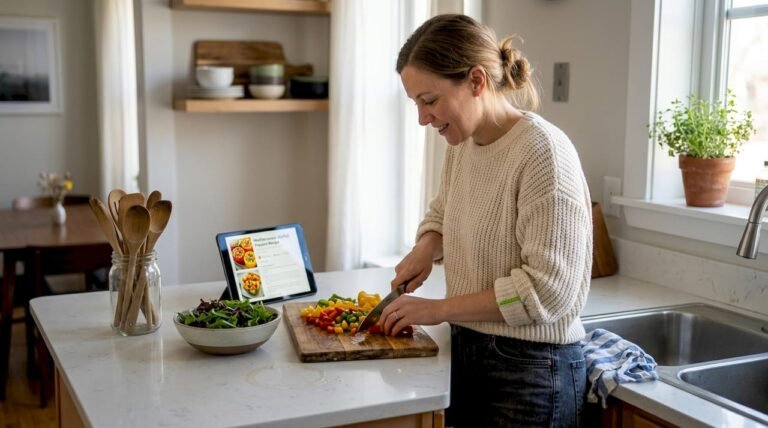 Woman preparing colorful vegetables in home kitchen