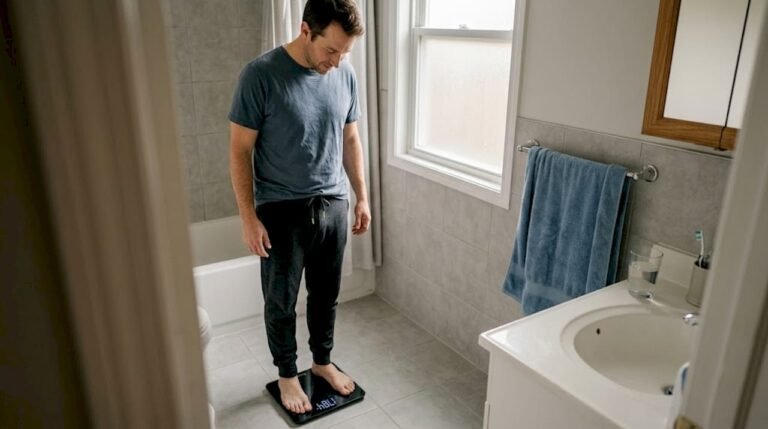 Man checking weight on bathroom scale at home