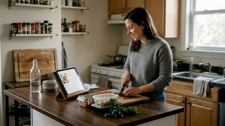 Woman meal prepping with tablet in kitchen