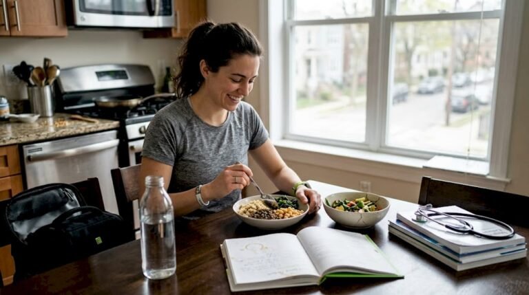 Woman assembling high-protein plant meal bowl