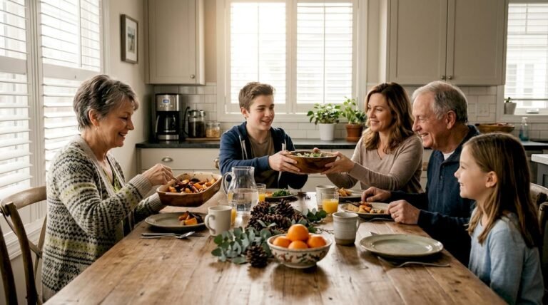 Family sharing healthy holiday meal at table