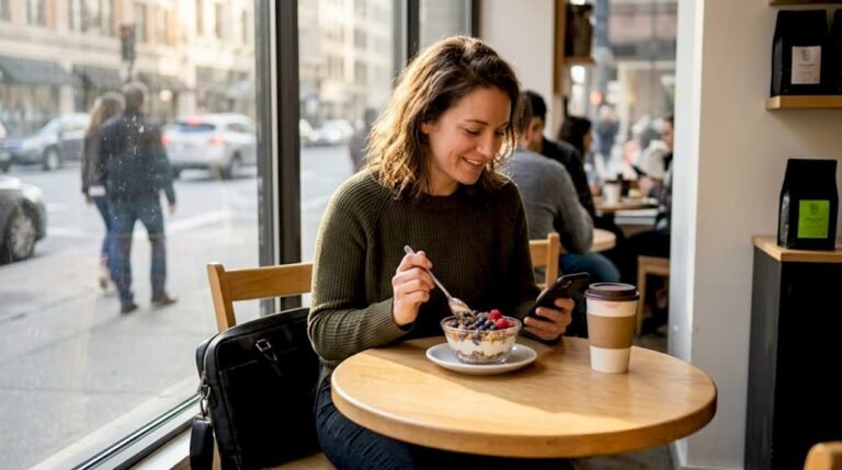 Woman eating healthy breakfast in city café