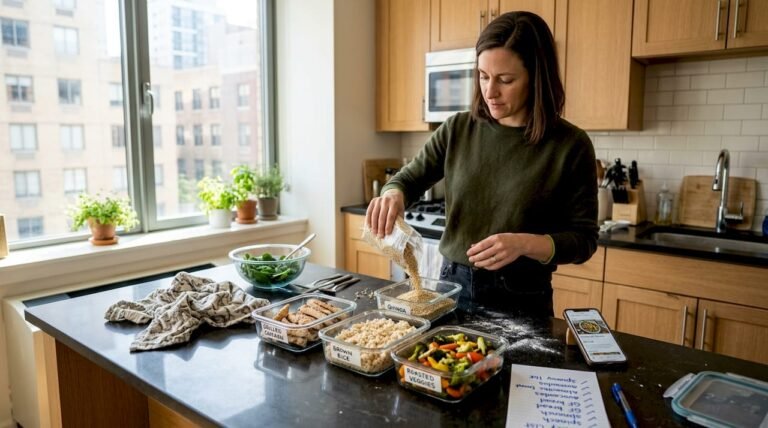 Woman prepping gluten-free meals in kitchen