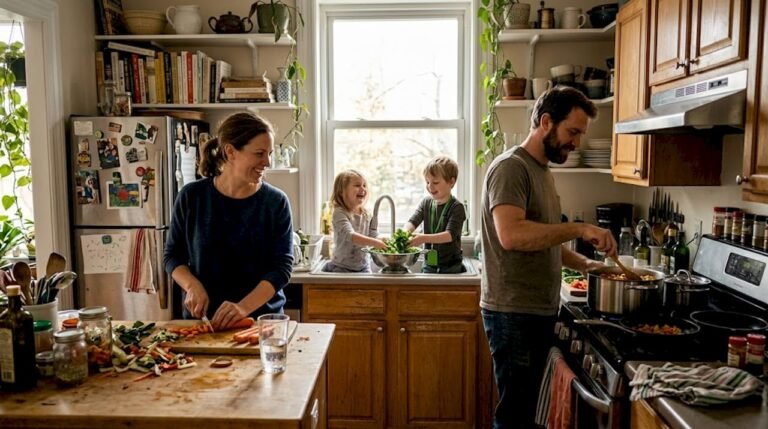 Family preparing vegetables in home kitchen