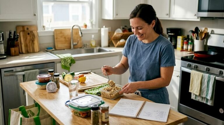Woman doing weekly meal prep at kitchen counter
