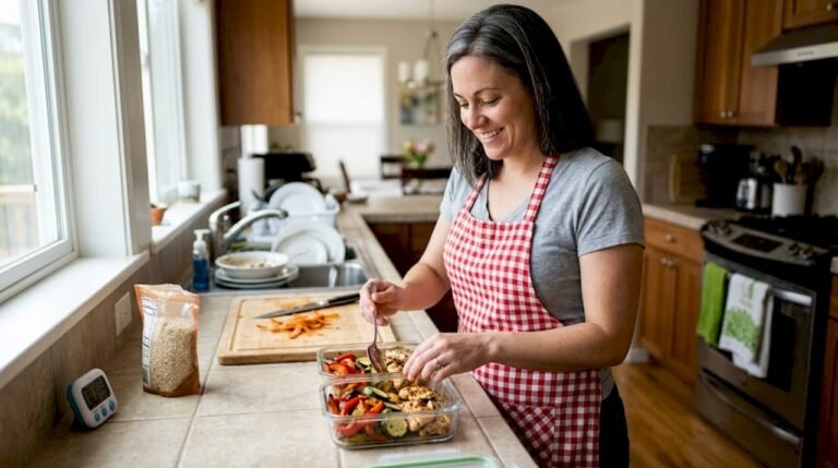Woman preps meals in cluttered kitchen setting