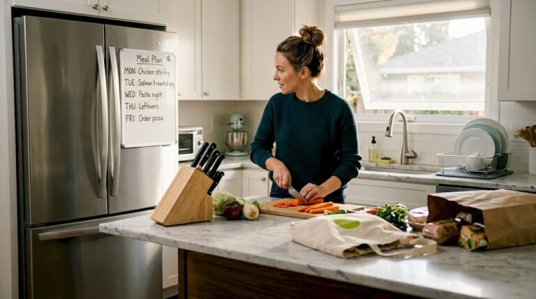 Woman meal prepping in organized home kitchen