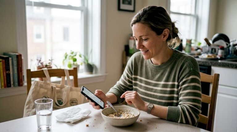 Woman logging food in kitchen morning light