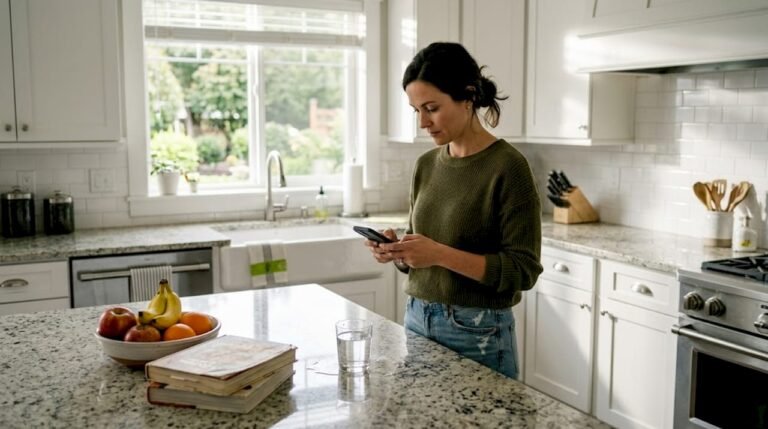 Woman logs meal with calorie app kitchen
