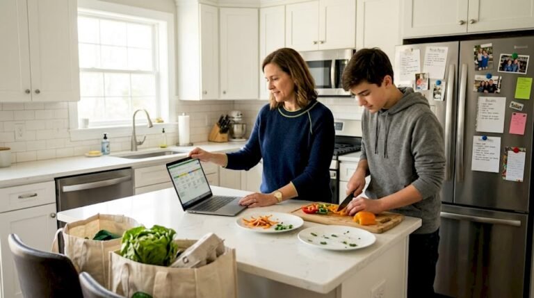 Mother and son planning meals in kitchen