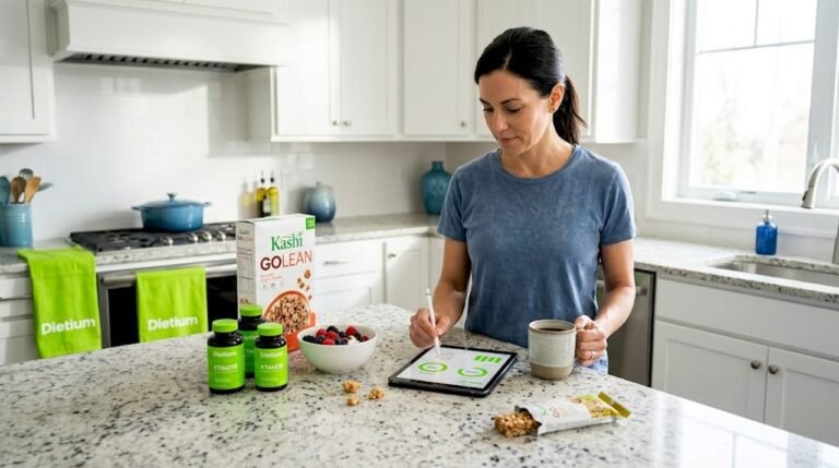 Woman logging micronutrients at kitchen island