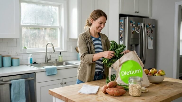 Unpacking fresh whole foods in kitchen