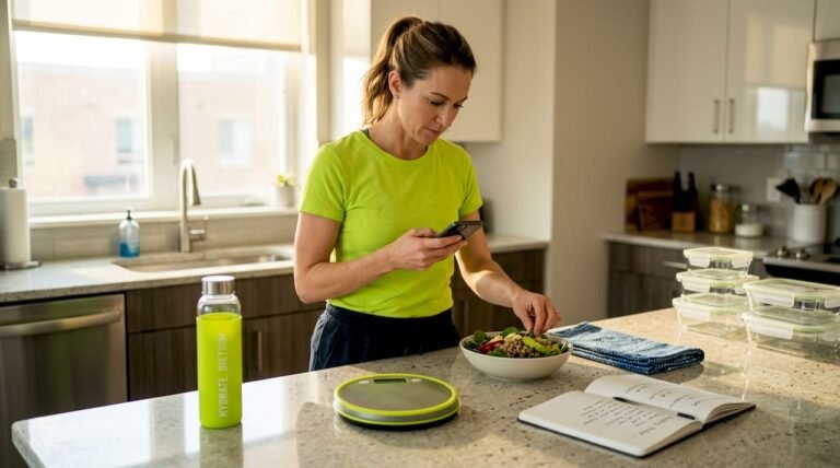 Woman prepping personalized meal at kitchen island