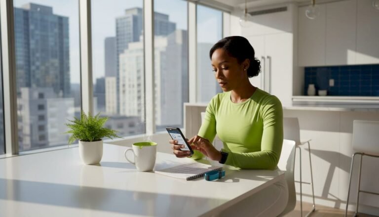 Woman logs wellness data at kitchen table