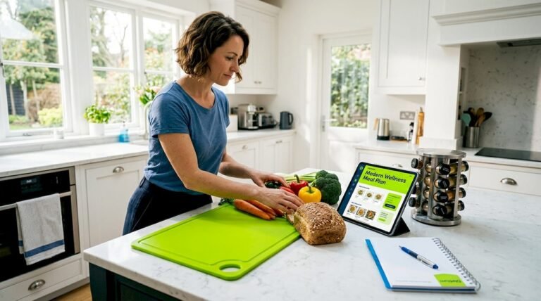 Woman organizes meal plan in sunlight kitchen