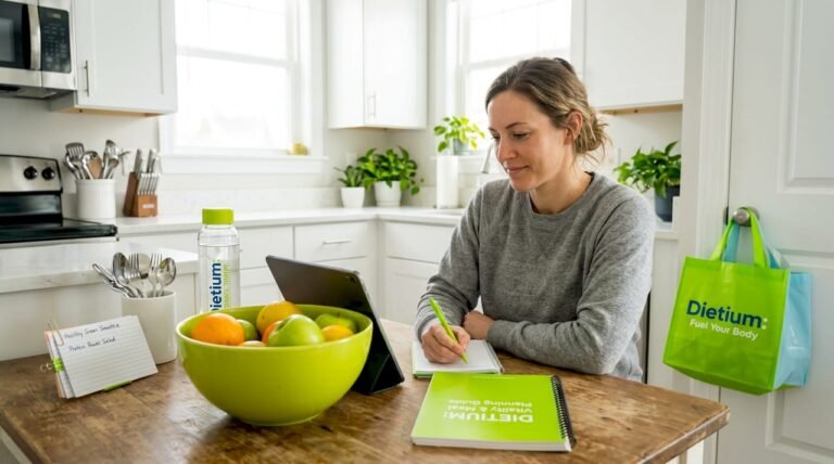 Woman planning meals in bright kitchen
