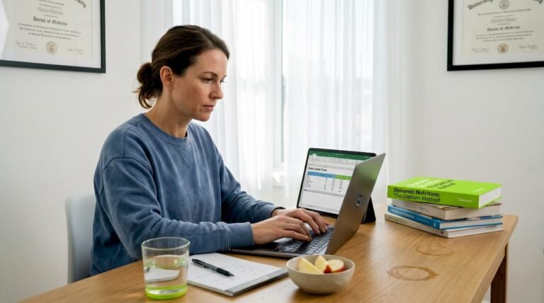 Woman calculating calories at home workspace