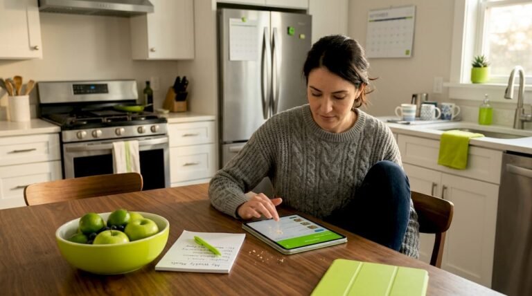 Woman uses meal planning app at kitchen table
