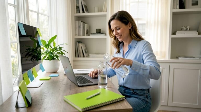 Woman refilling water at home office desk