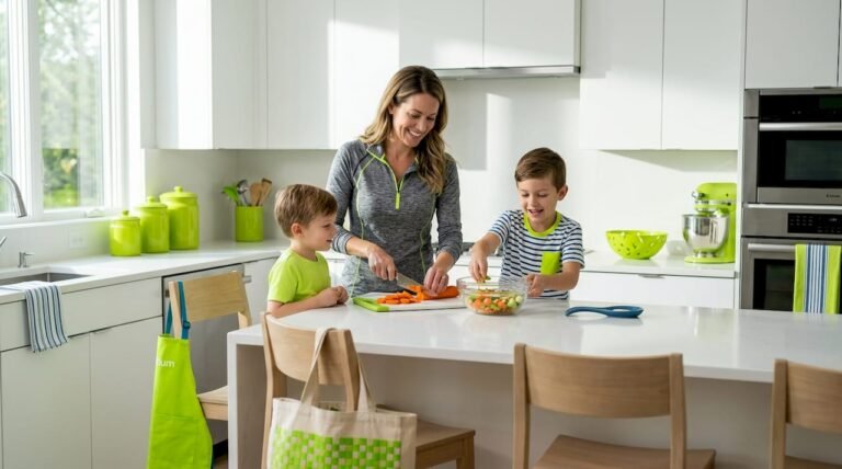 Family prepares vegetables together in kitchen
