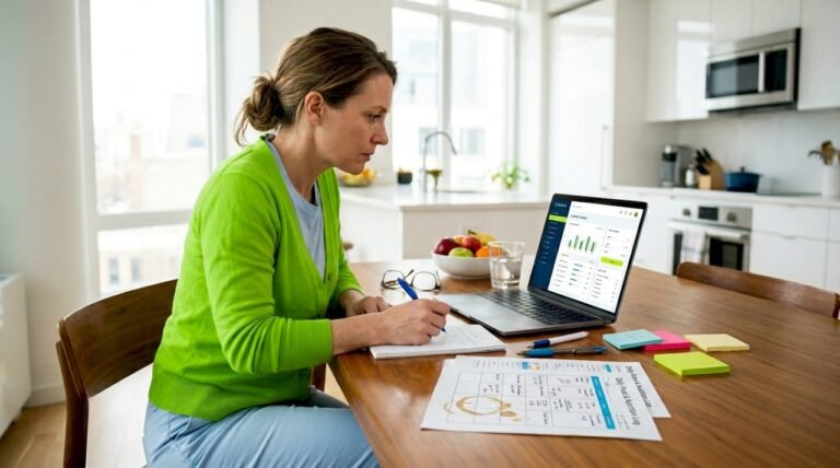 Woman reviewing dietary assessment at kitchen table
