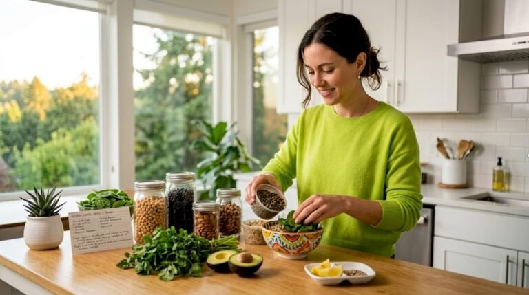 Preparing plant-based protein bowl in kitchen