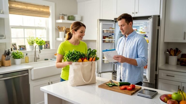 Couple checking food inventory in kitchen