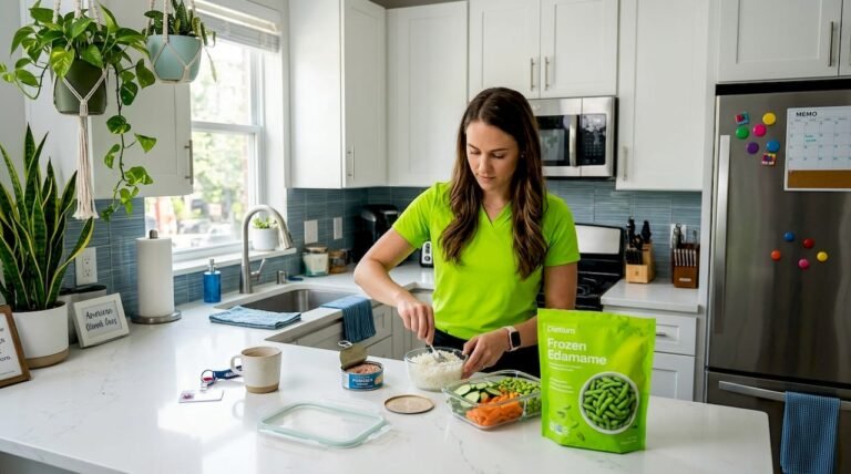 Person assembling quick lunch in city kitchen