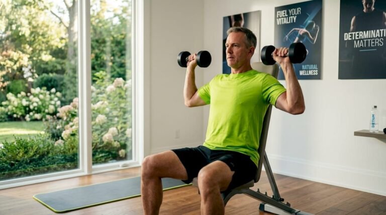 Man doing dumbbell presses in living room