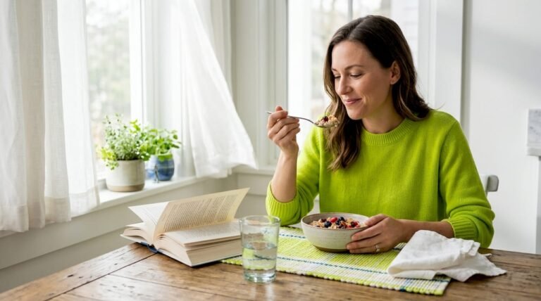 Woman practicing mindful eating at kitchen table