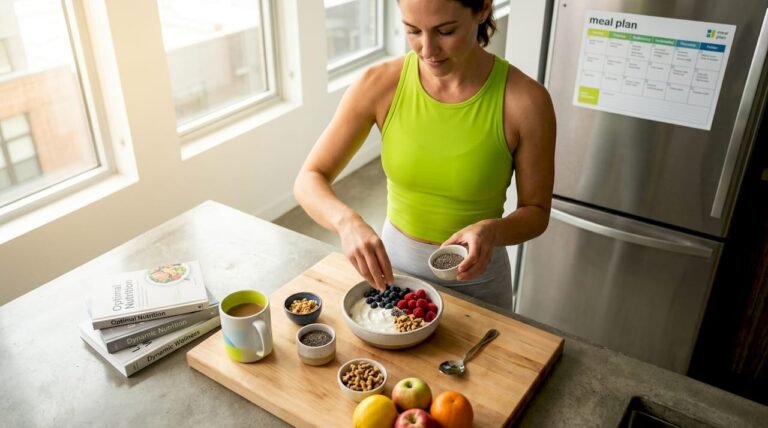 Woman preparing protein breakfast in kitchen