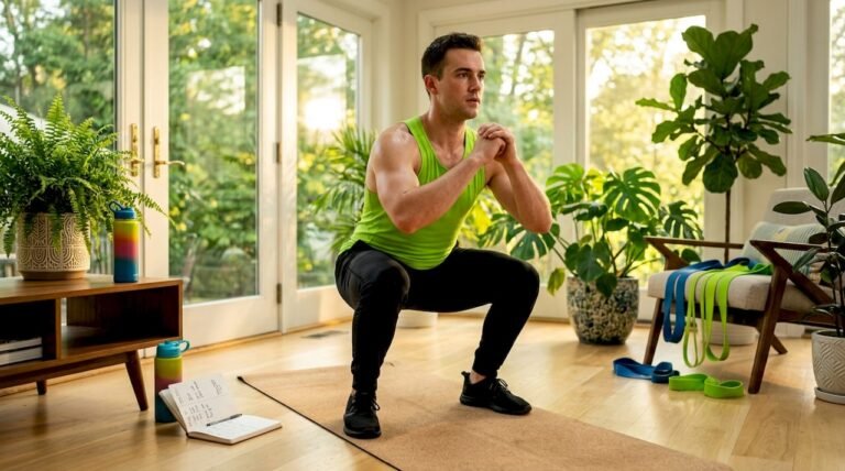 Man doing bodyweight squats at home