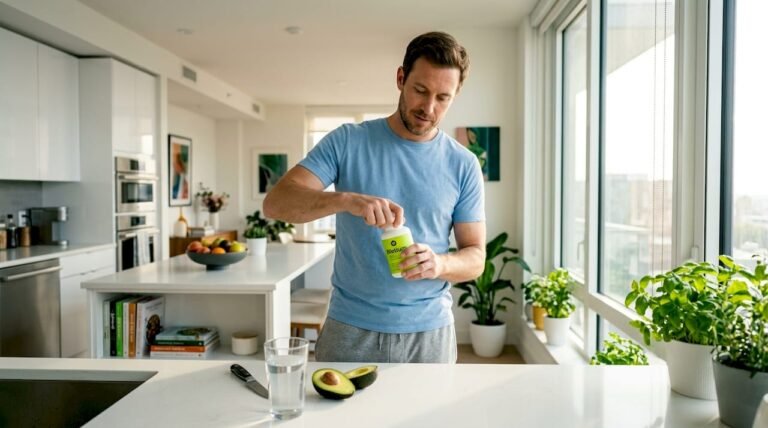 Man preparing vitamins in morning home kitchen