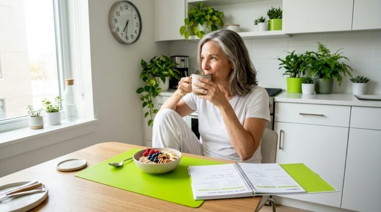 Woman timing breakfast in kitchen