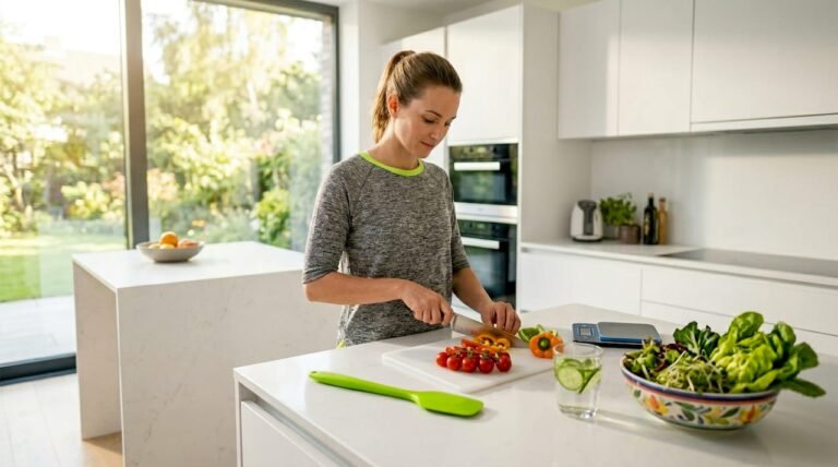 Woman preparing fresh vegetables in kitchen