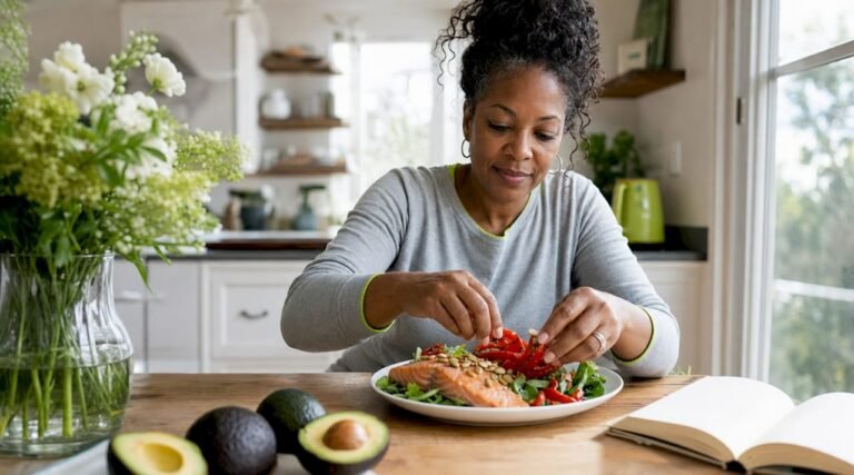 Woman preparing immune boosting salad in kitchen