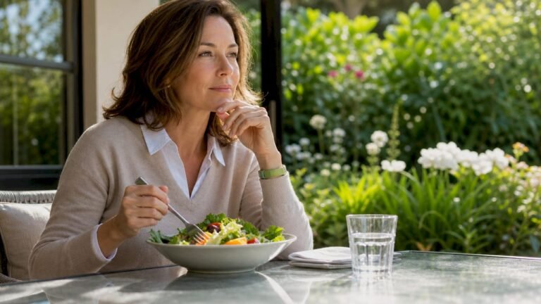 Woman practicing mindful eating at kitchen table