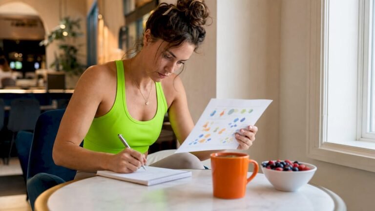 Woman studying metabolism chart at kitchen table