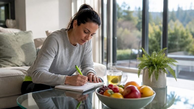 Woman writing health goals at kitchen table