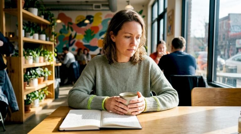Woman reflecting on emotional eating with tea and diary