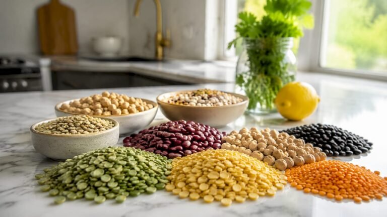 Overhead view of assorted raw legumes on table