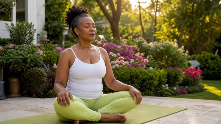 Woman practicing daily deep breathing at home