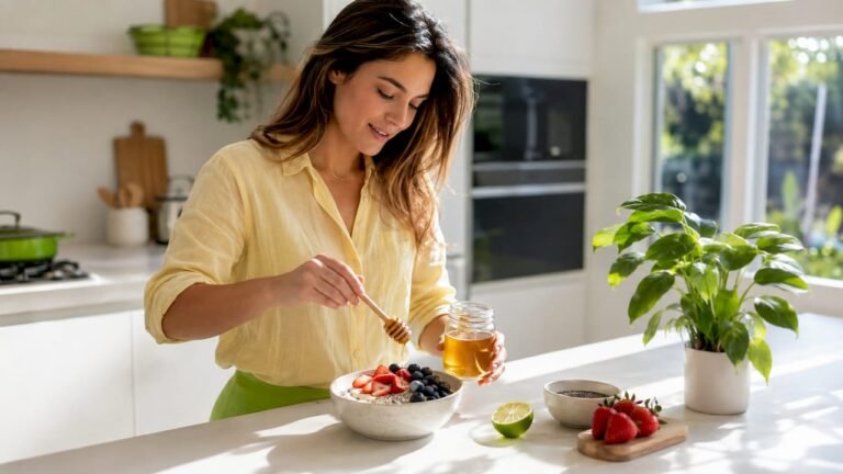 Woman preparing healthy breakfast bowl with yogurt and berries