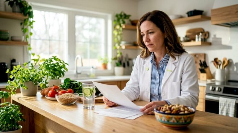 American female doctor reviewing diet research papers in home office