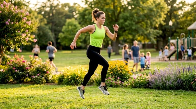 Female trainer performing HIIT workout at home