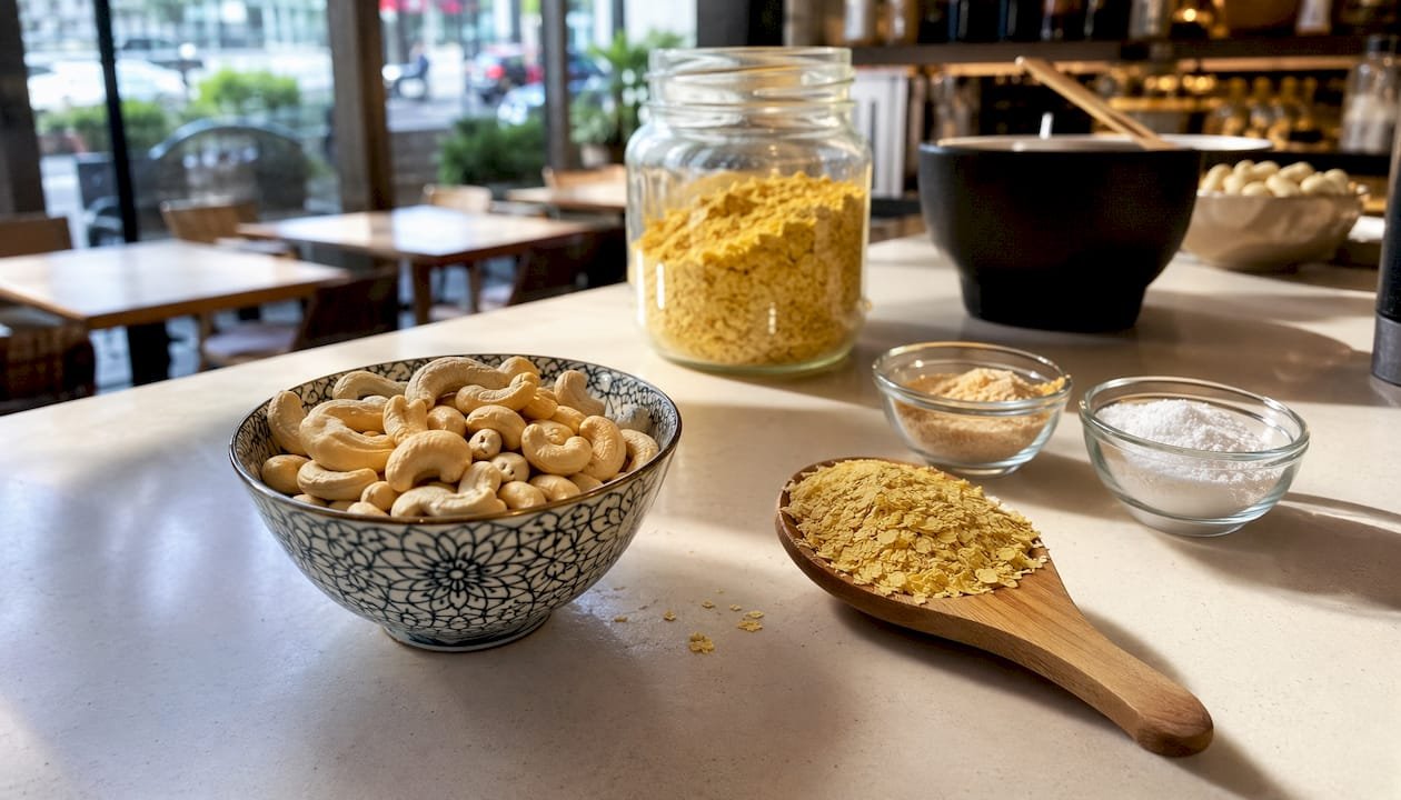 Nutritional Yeast Uses: Savory Recipes and Safety Tips 3 Ingredients for vegan faux Parmesan recipe on kitchen counter