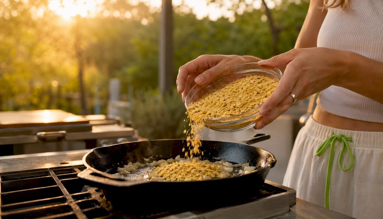 Nutritional Yeast Uses: Savory Recipes and Safety Tips 2 Hands pouring nutritional yeast into skillet with sautéed garlic